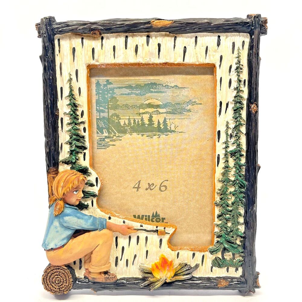 Vintage Wilcor 4x6 Photo Frame Hand Painted Camping Girl with Campfire Rustic